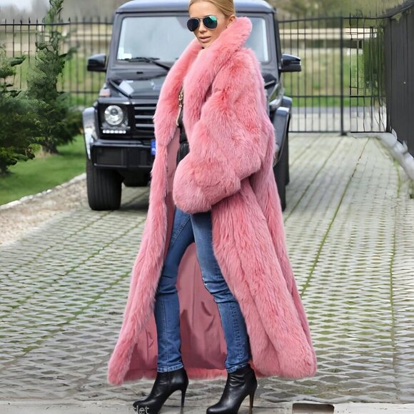 Pink Casual Womens Luxurious Waterfall Neckline Flowy  Faux Fur Long Jacket Coat - Picture 2 of 8